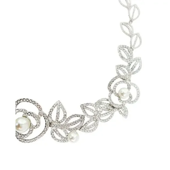 Elegant Rhinestone & Acrylic Pearl Silver Floral Necklace - Picture 6 of 6